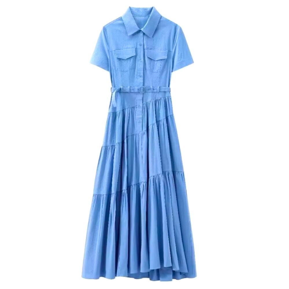 ZARA Belted Shirt Dress Light Blue Collared Maxi Asymmetric Seamwork Tiered XS